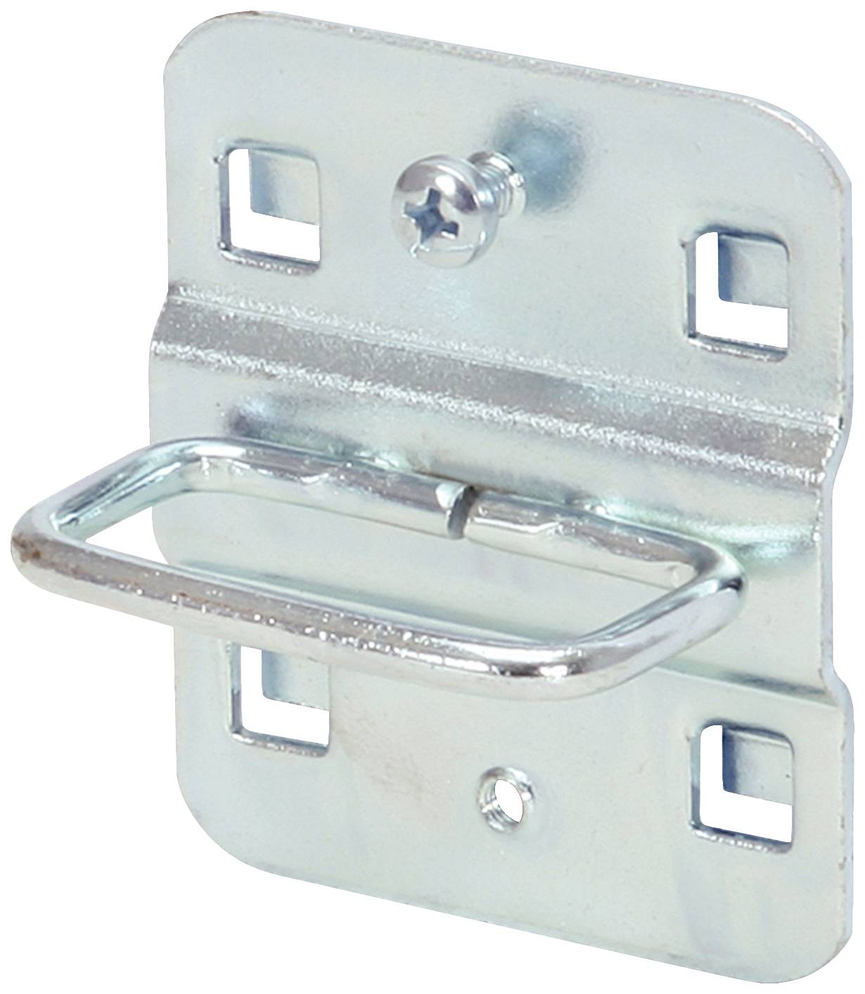 Metallene Wandhalterung mit rechteckigem Klappbügel, montiert mit einer Schraube oben. Vier rechteckige Öffnungen umgeben die Halterung.