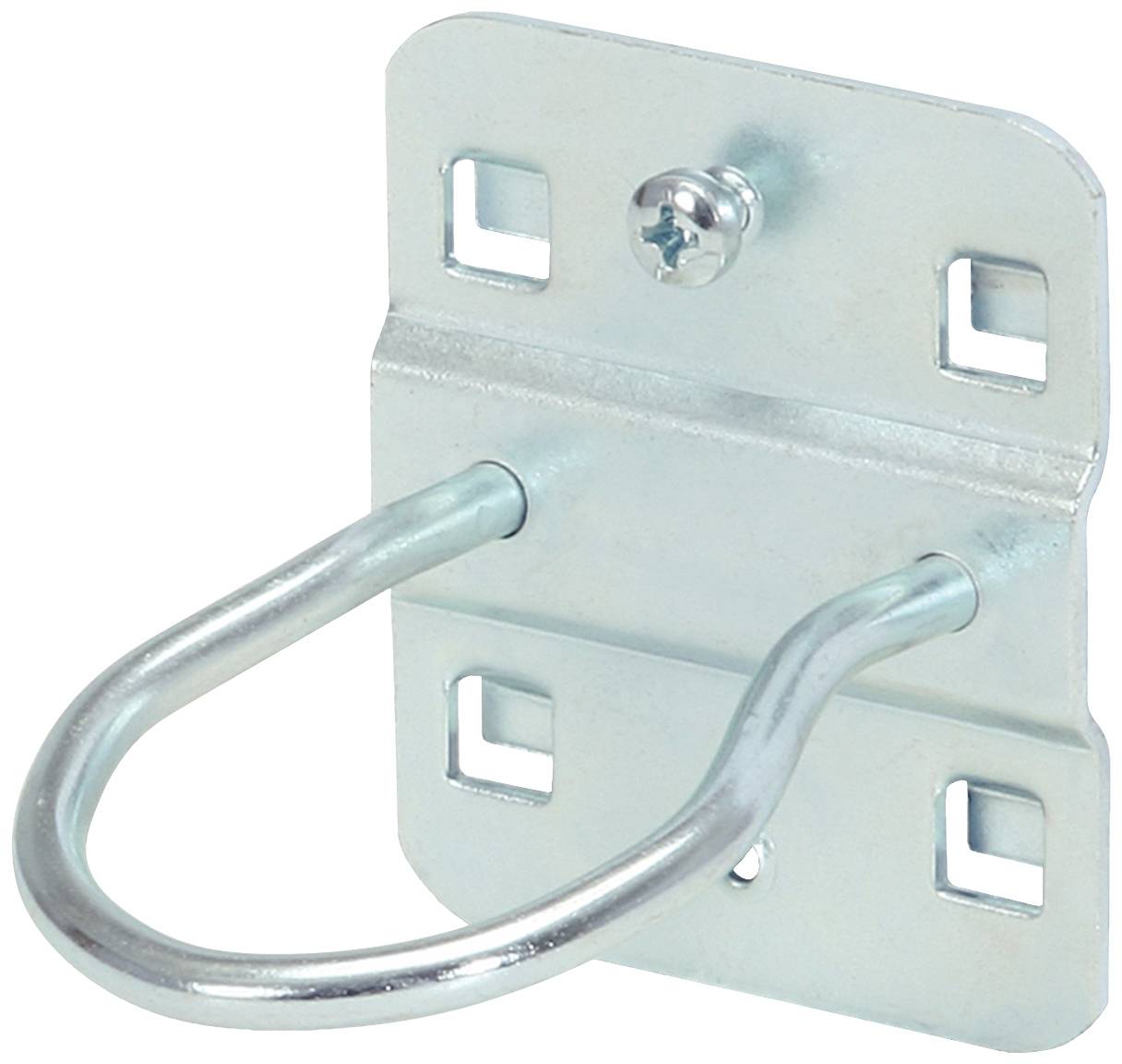 Metallwandhalterung mit rechteckiger Basis, vier Befestigungslöchern und einem nach vorne gebogenen Haken, zur Befestigung an Wänden.