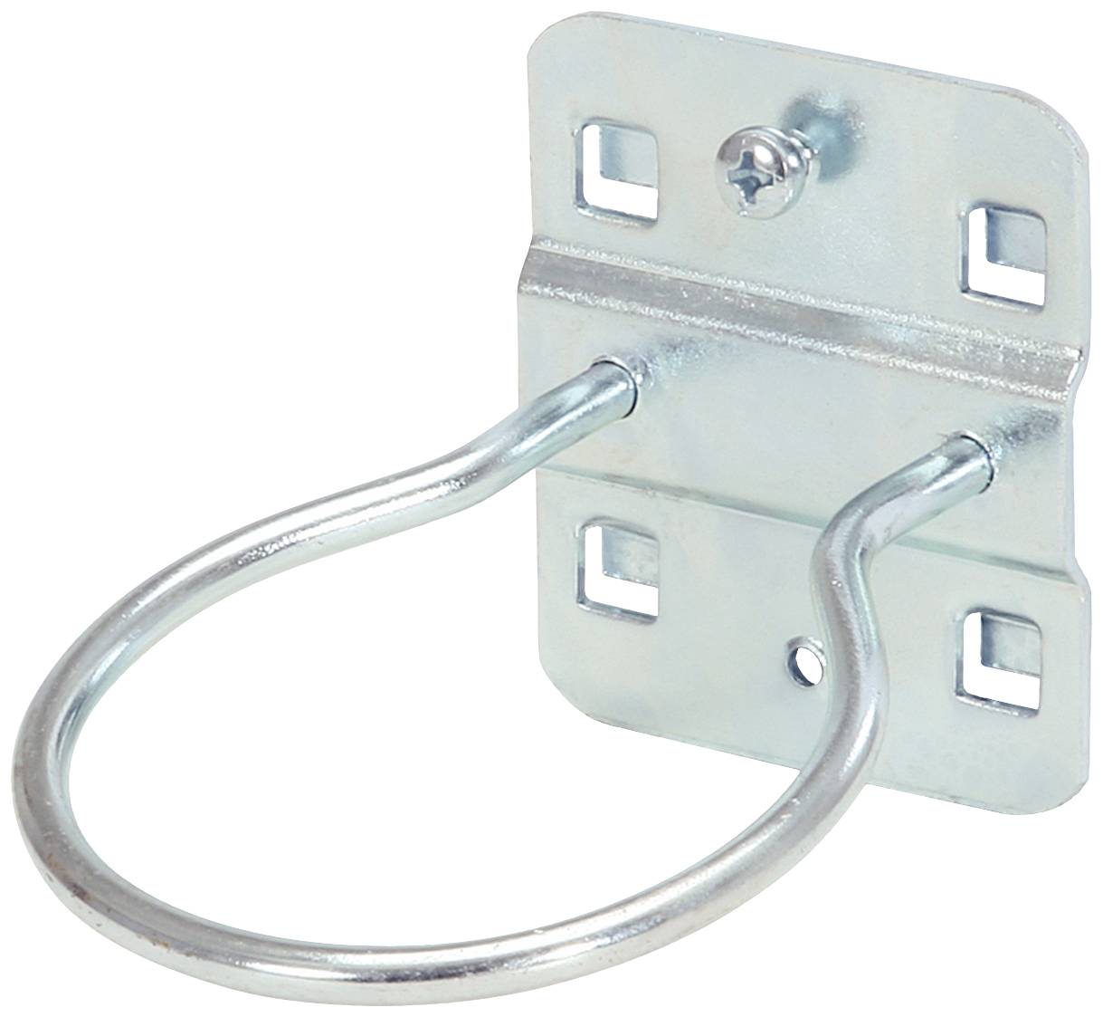 Ein silberner Metallhalter mit vier Schraubenlöchern und einem runden Bügel. Geeignet zur Wandmontage für Halte- oder Aufhängungszwecke.