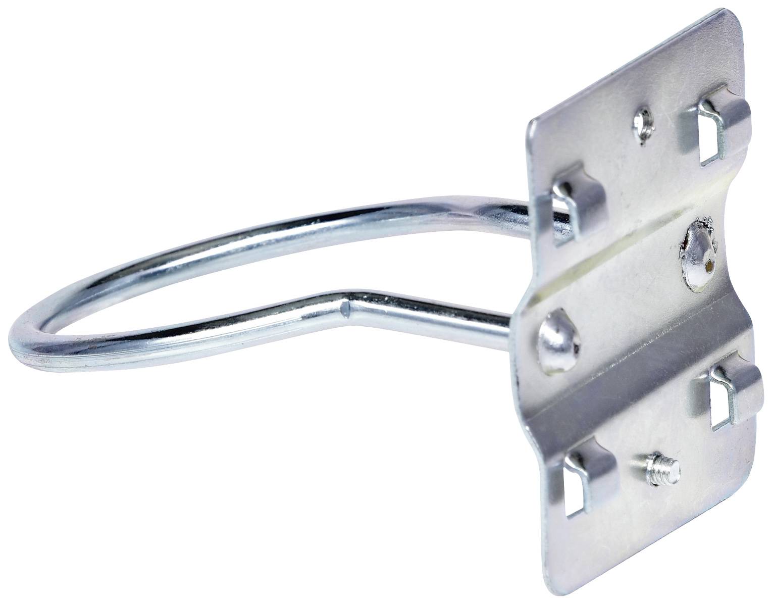 Ein einzelner Metallhaken mit rechteckiger Platte und Öffnungen zur Befestigung. Geeignet zur Wandbefestigung oder als Halterung.