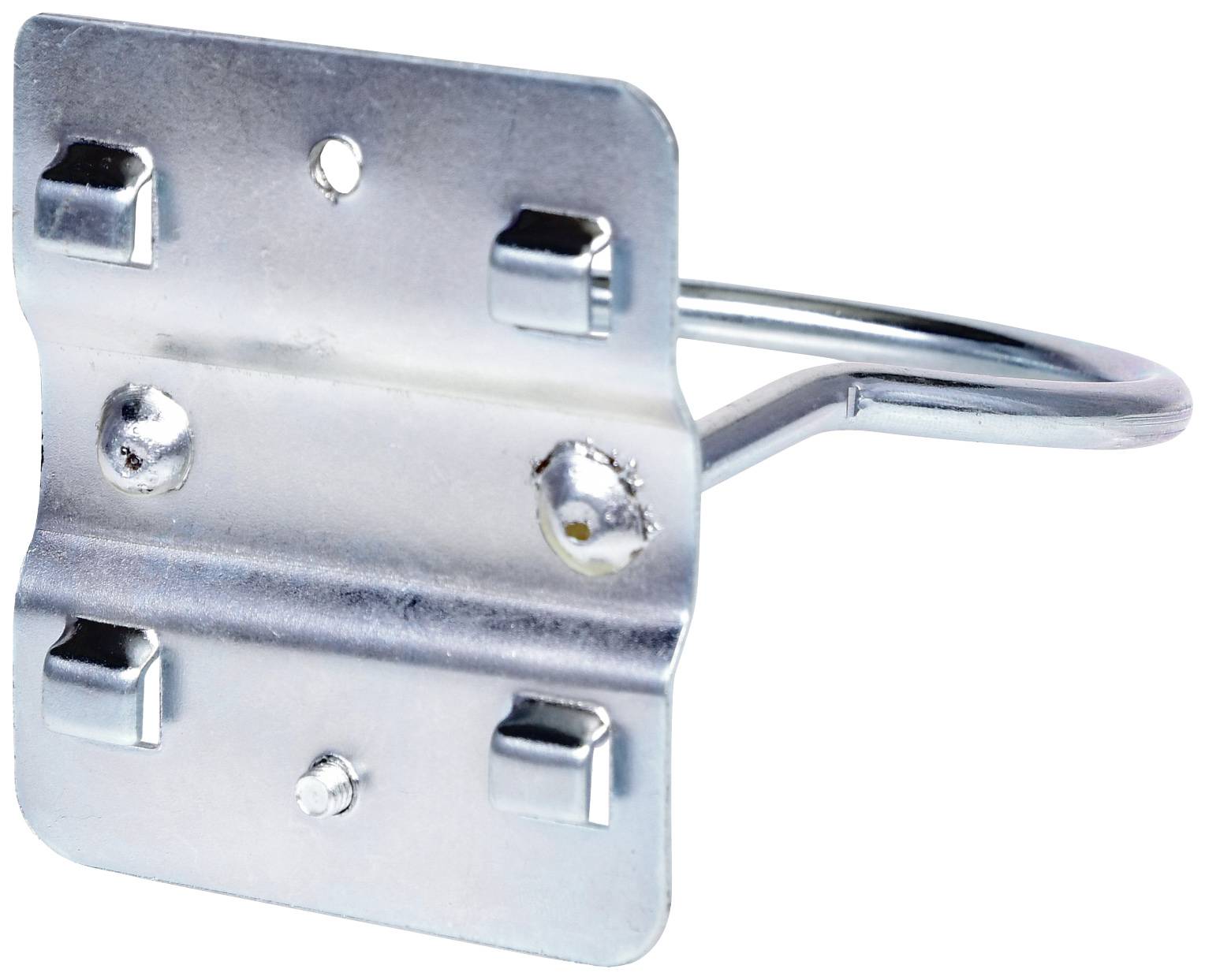 Metallwinkel zur Wandmontage, silberfarben. Verfügt über zwei Schraubenlöcher und einen gebogenen Haken zur Aufhängung.