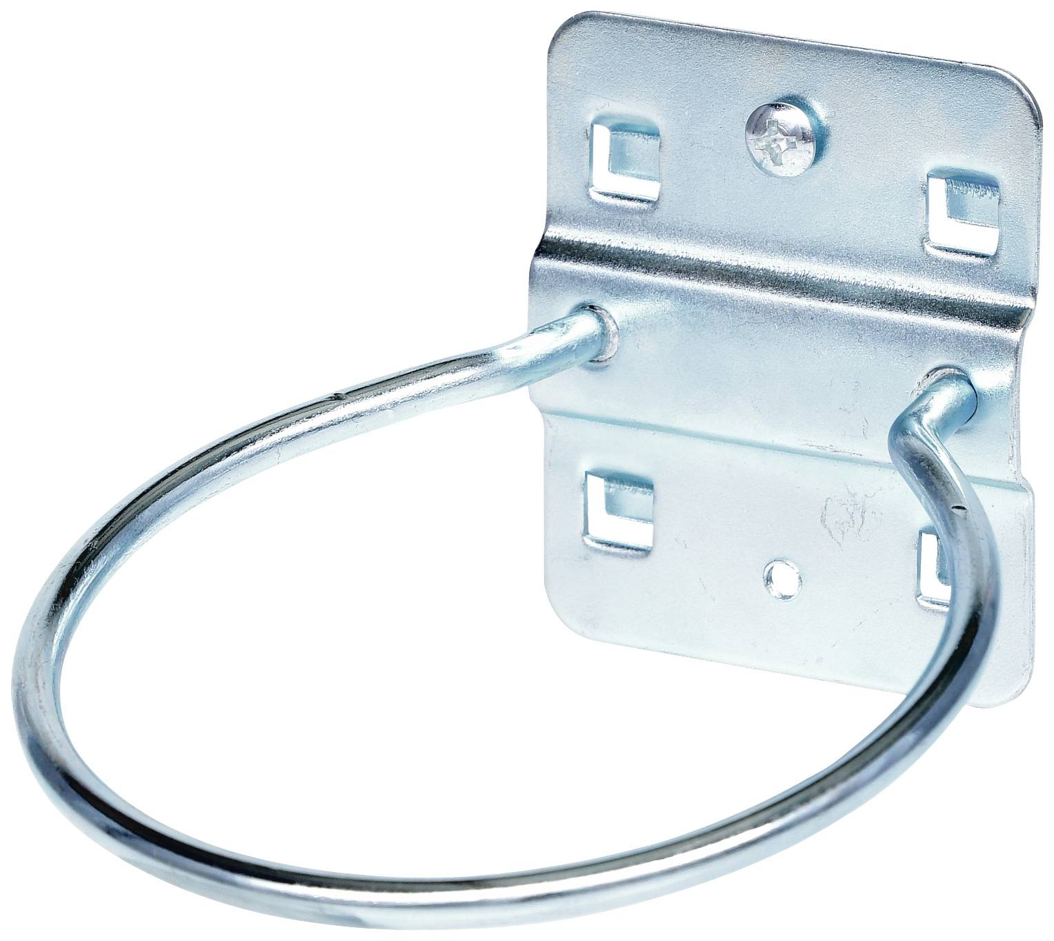 Metallhalterung mit kreisförmigem Ring, zur Wandmontage. Geeignet für die Aufnahme von Schläuchen oder Kabeln.