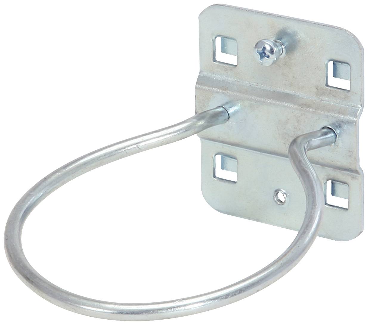 Metallhalterung mit rundem Bügel und rechteckiger Montageplatte, geeignet zur Befestigung an Wänden.