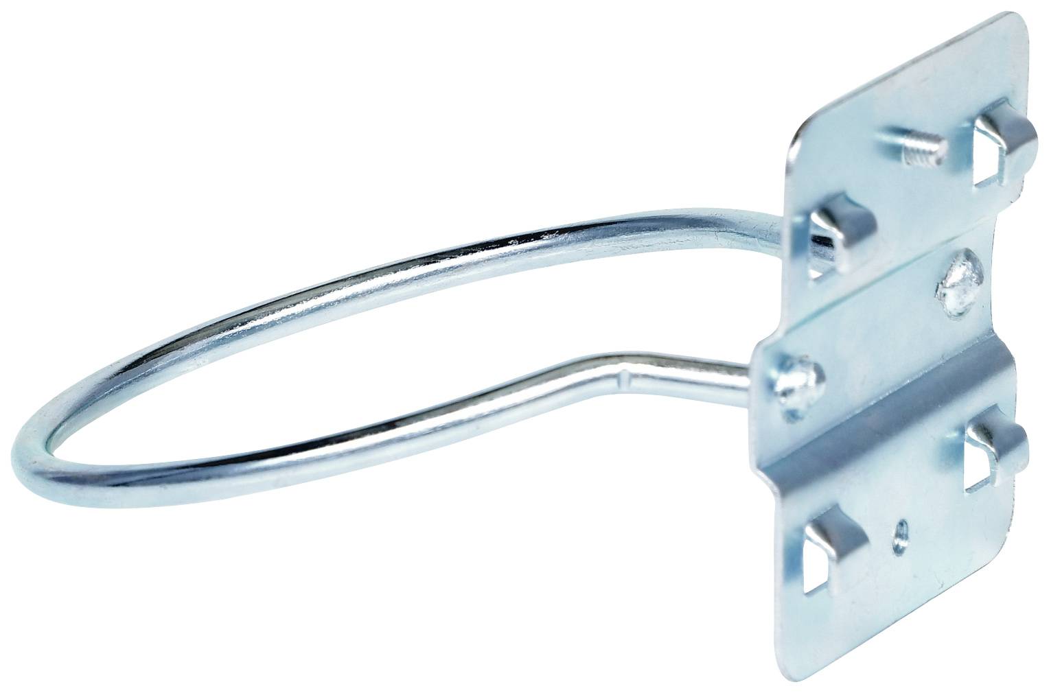 Metallischer Wandschlauchhalter, silbern, zur Aufbewahrung von Gartenschläuchen. Funktional und robust für den Außenbereich.