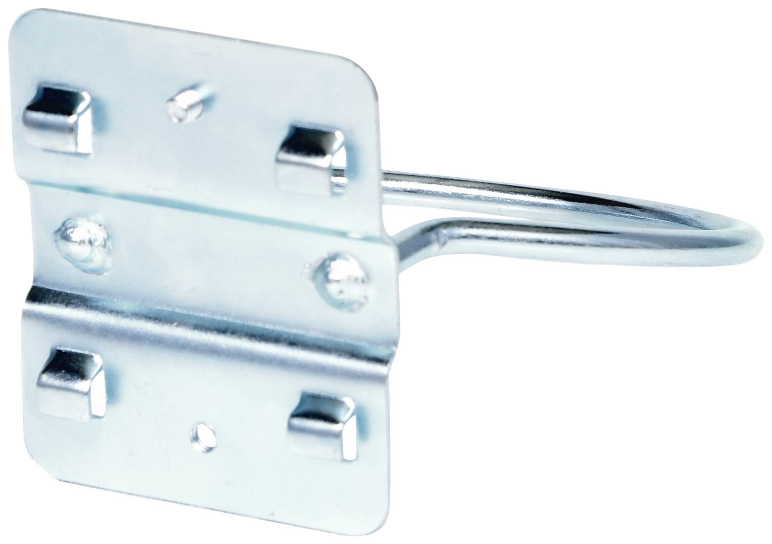 Metallhaken mit rechteckiger Halterung und Schraublöchern, wahrscheinlich zur Wandbefestigung.