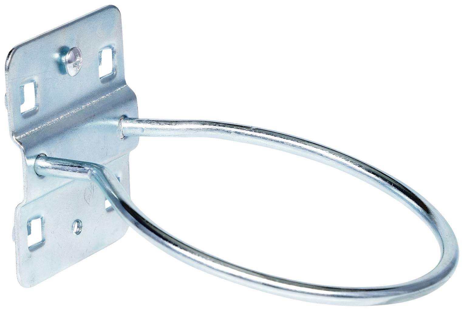 Metallhalterung mit rundem Bügel, zur Wandbefestigung, geeignet für die Aufbewahrung von Schläuchen oder Kabeln.