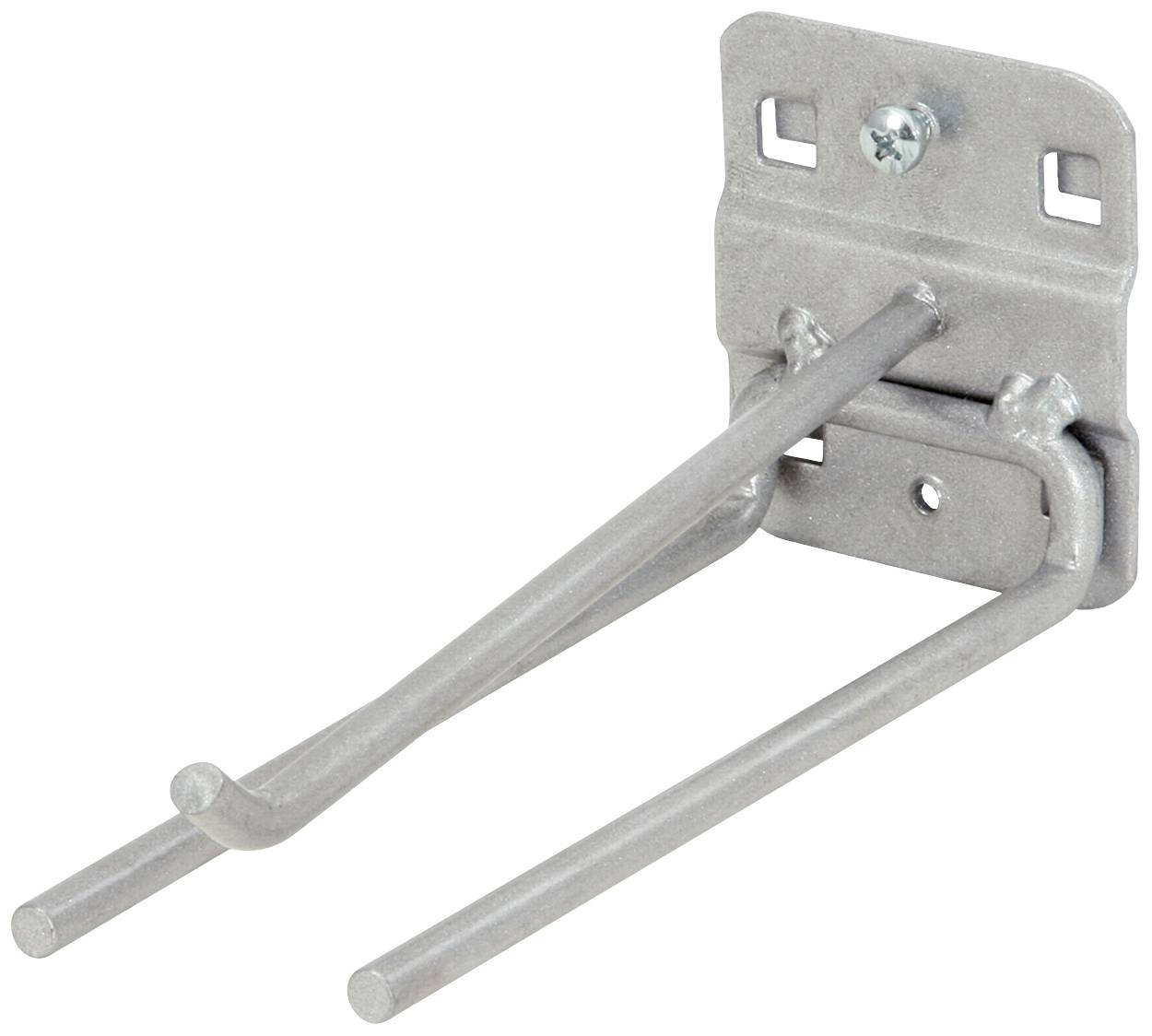 Ein grauer Metallhaken mit zwei Halterungen zur Wandmontage, geeignet zum Aufhängen oder Befestigen von Werkzeugen oder Gegenständen.