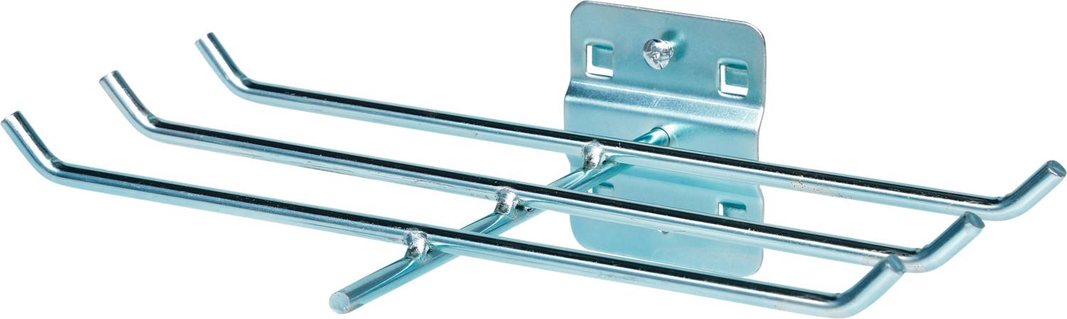 Wandhalterung aus Metall mit zwei horizontalen Stangen. Ideal zur Aufbewahrung von Gegenständen wie Schlägern oder großen Werkzeugen.