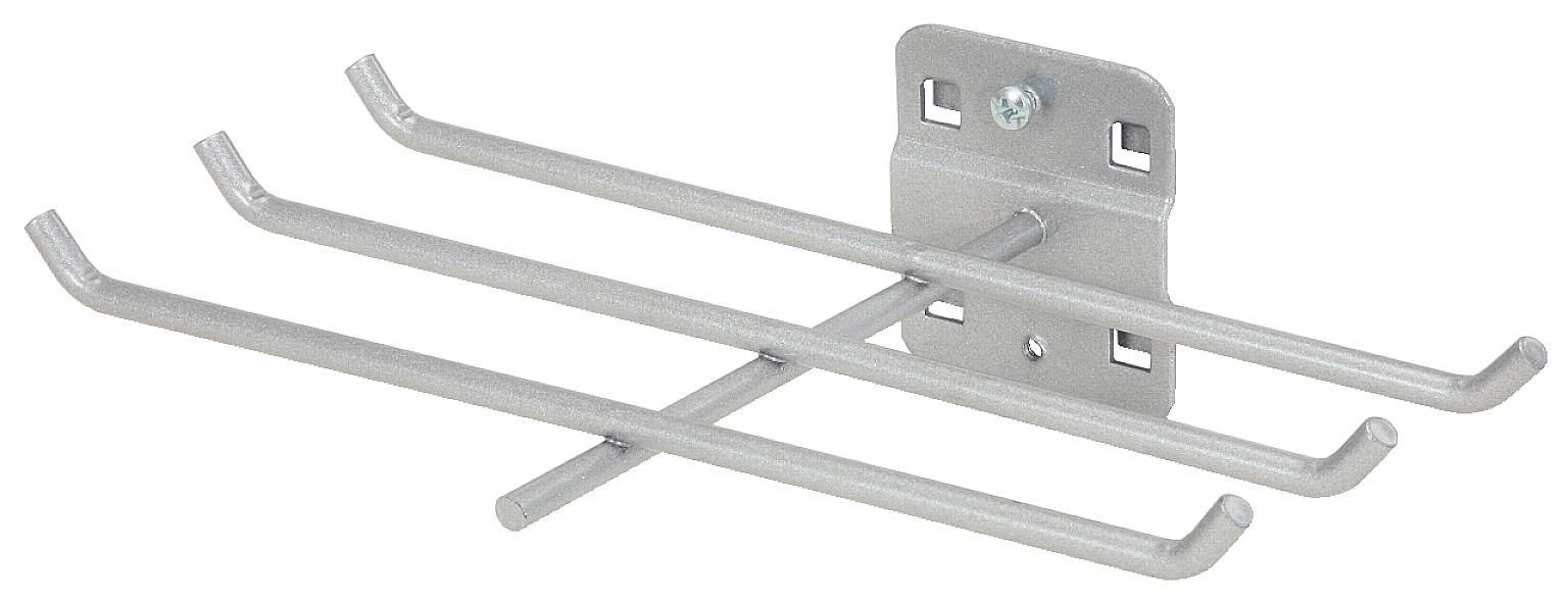 Metallische Wandhalterung mit drei herausragenden Haken, geeignet zum Aufhängen von Gegenständen oder zur Werkzeugorganisation.