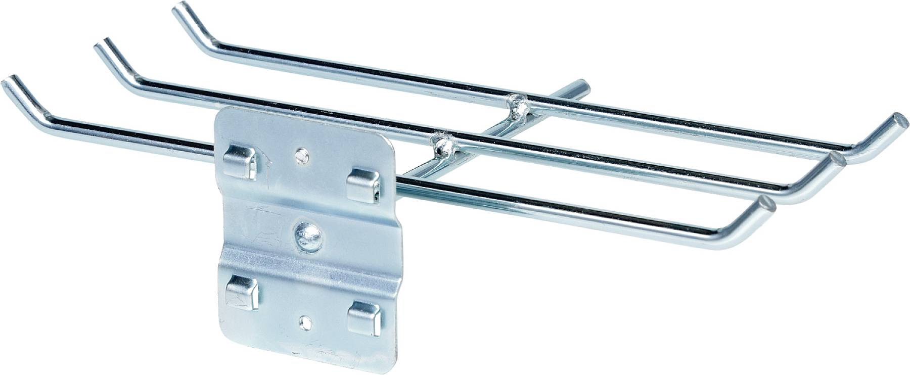 Metallhalterung mit drei gebogenen Stangen und einer flachen Montageplatte. Geeignet zur Befestigung an einer Wand.