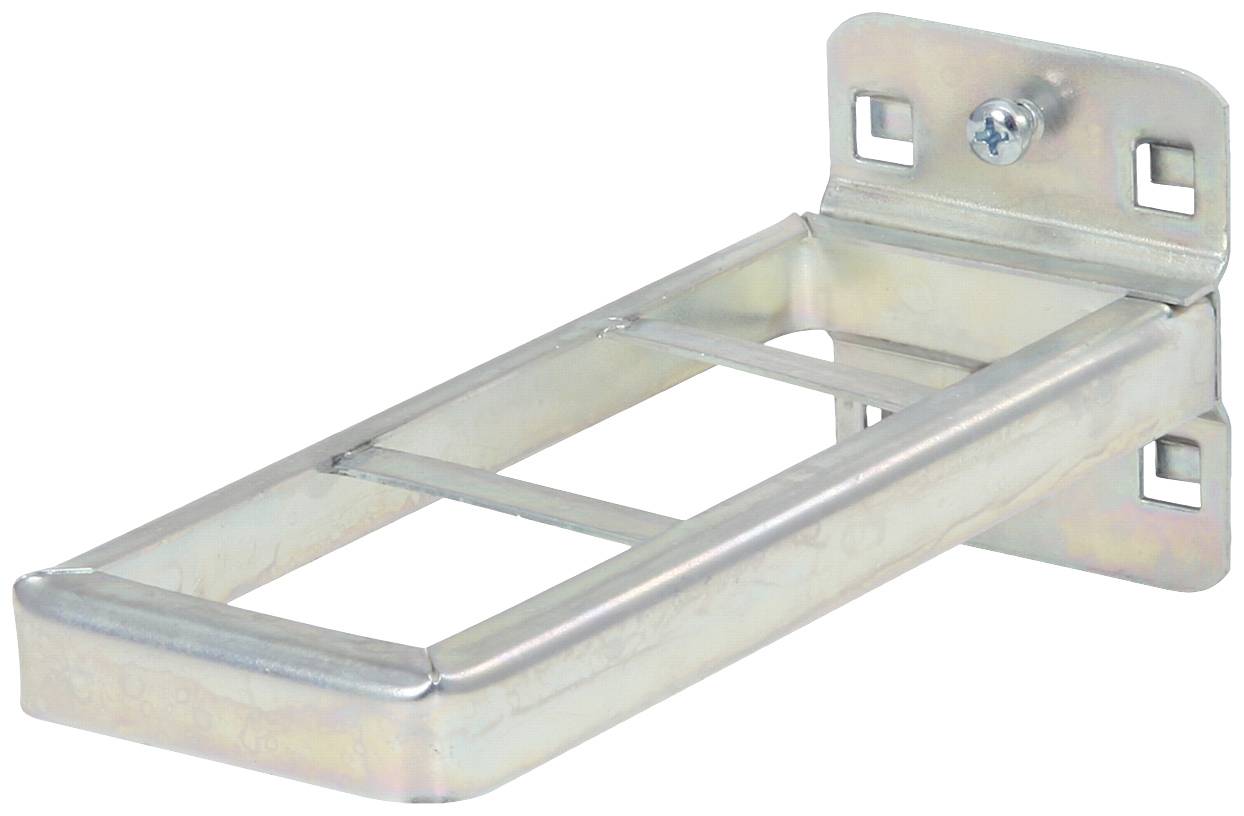 Metallwandhalterung mit Schraube. Rechteckige Form mit offenen Seiten und quadratischen Befestigungslöchern auf beiden Seiten.