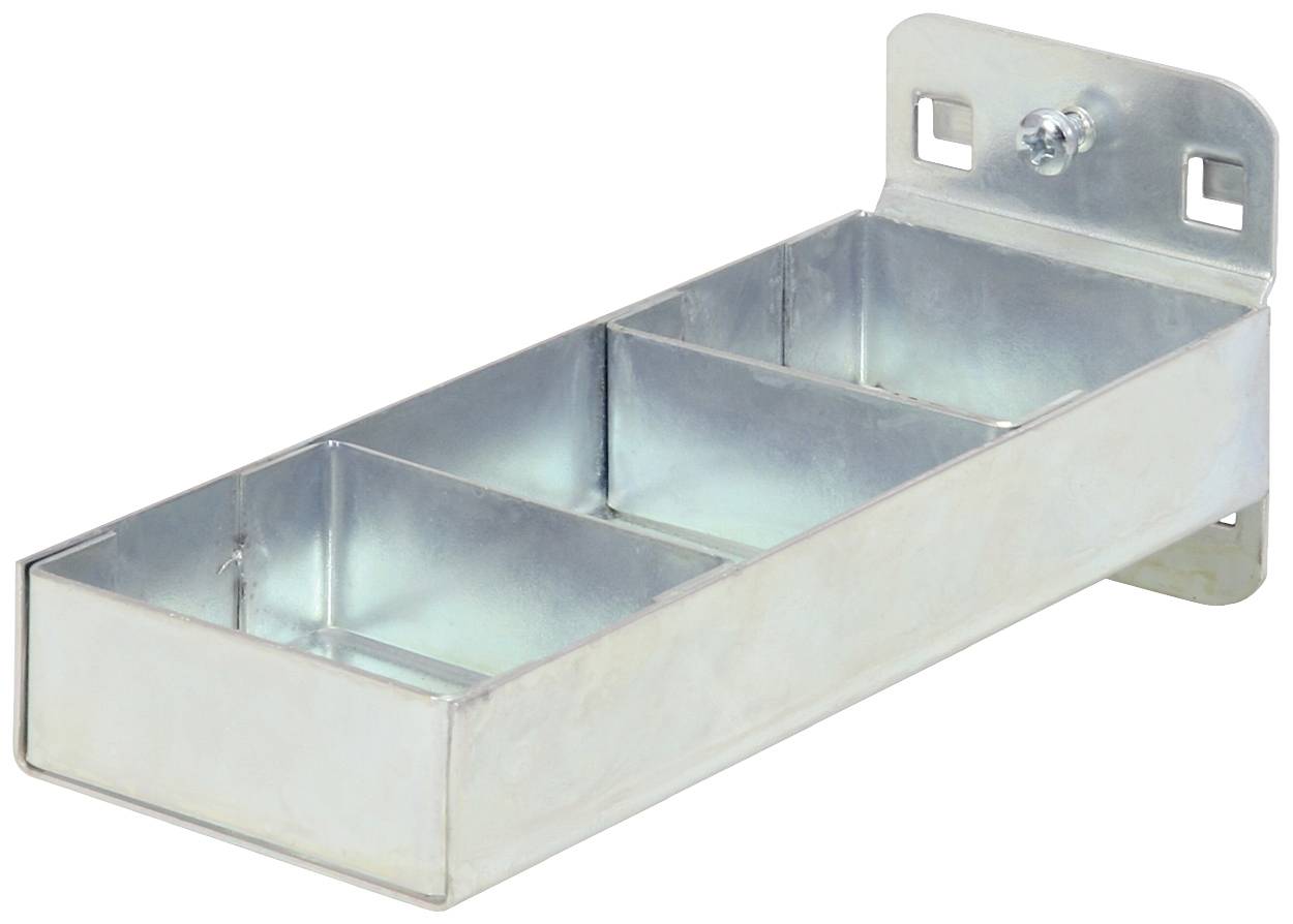 Metallregal mit drei Fächern, an der Wand montiert. Ideal zur Aufbewahrung von Werkzeugen oder kleinen Gegenständen.