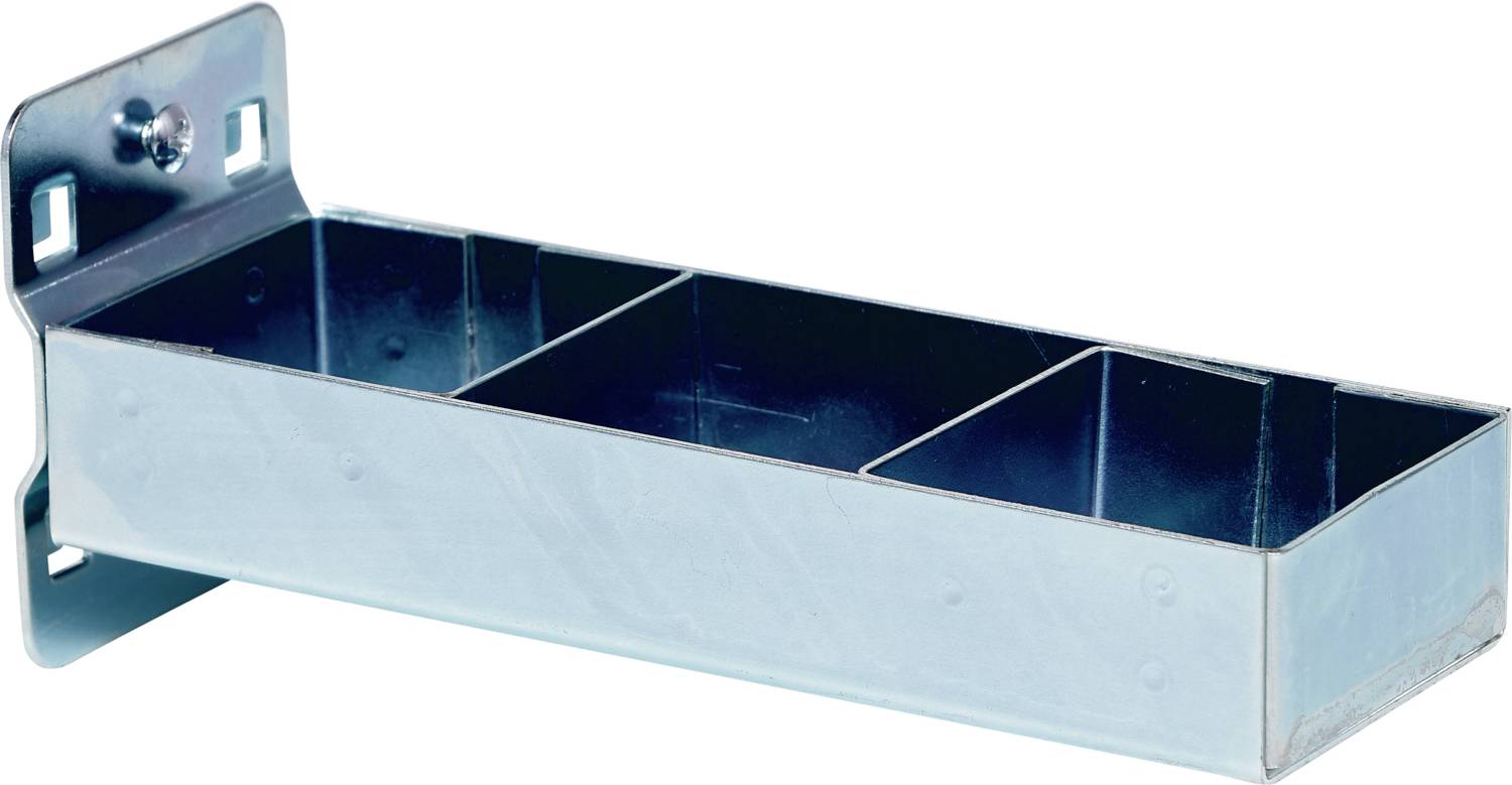 Ein rechteckiges, metallisches Bauteil mit drei Fächern, montierbar an der Wand; dient zur Aufbewahrung oder Organisation.