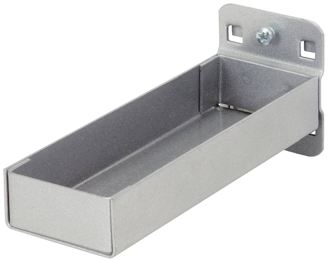 Ein rechteckiger, silberner Metallbehälter mit einer Schraube zur Befestigung an einer Wand.