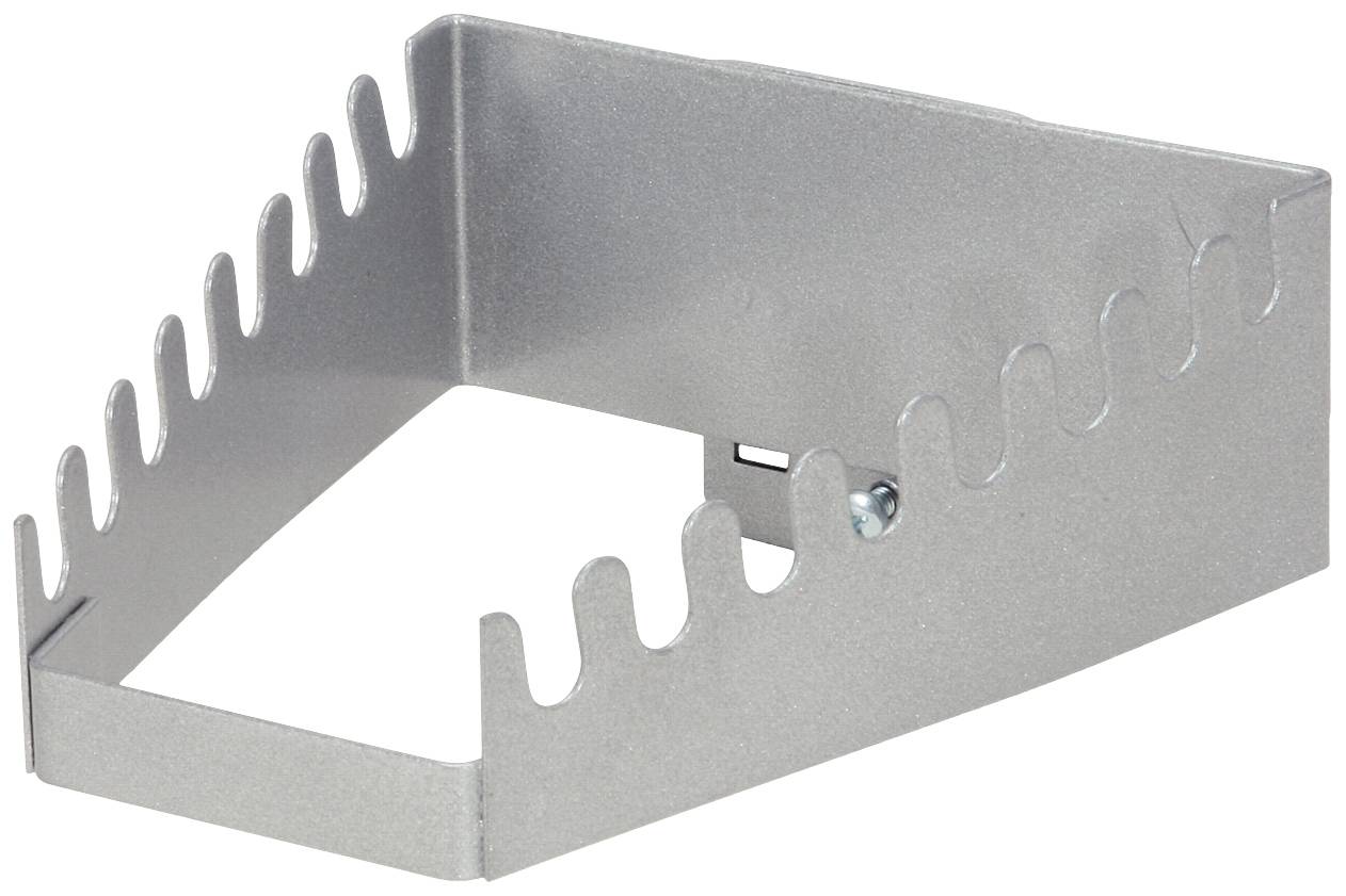 Ein silberner Metallhalter mit gezackten Kanten, wahrscheinlich zur Befestigung oder Stabilisierung von Rohren oder Kabeln.