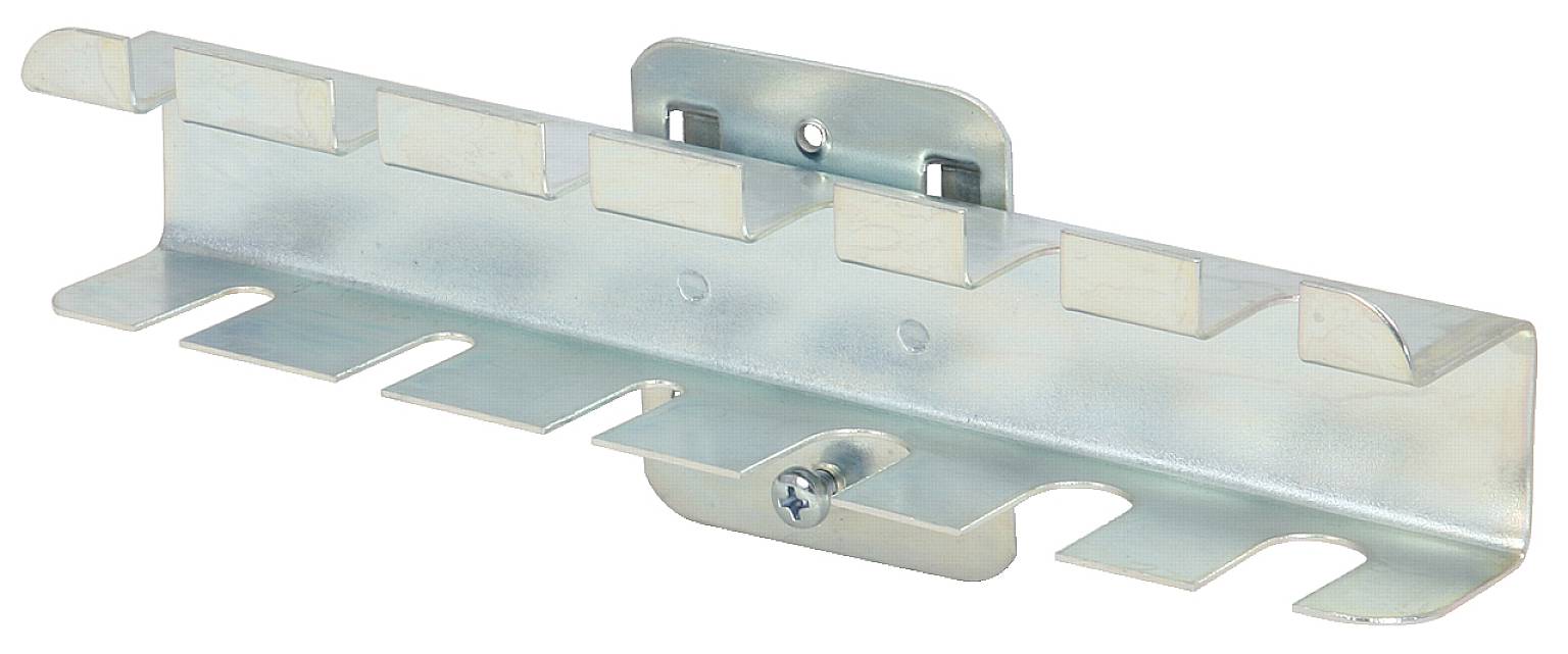 Metallhalterung mit mehreren Haken zur Wandmontage, geeignet zum Aufhängen von Werkzeugen oder Zubehör.