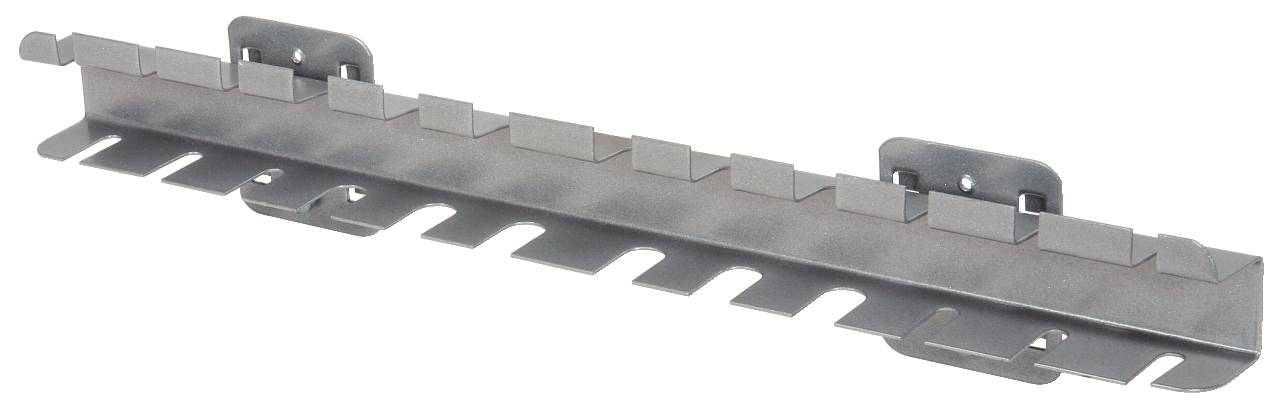 Metallschiene mit abwechselnden Zähnen und Schlitzen zur Kabelorganisation. Enthält zwei Befestigungshalterungen oben.