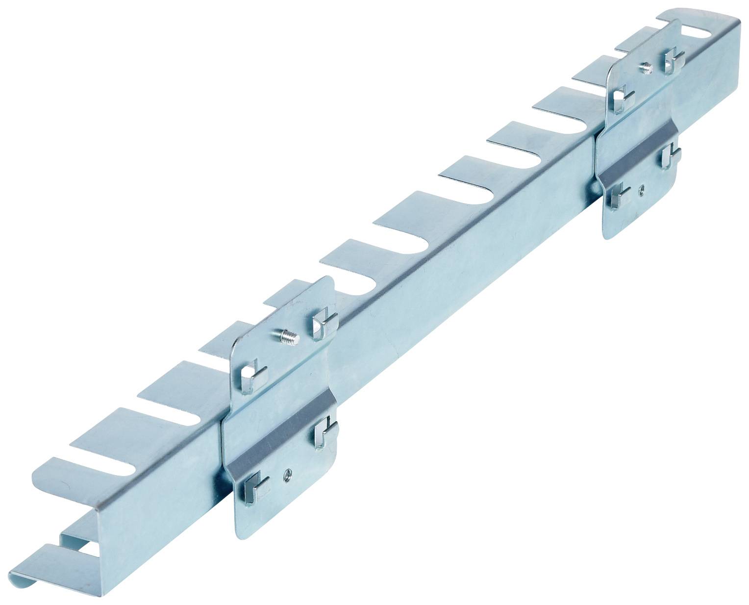 Metallischer Kabelhalter mit mehreren Haken und Befestigungslöchern, zur Organisation und Positionierung von Kabeln an Wänden.