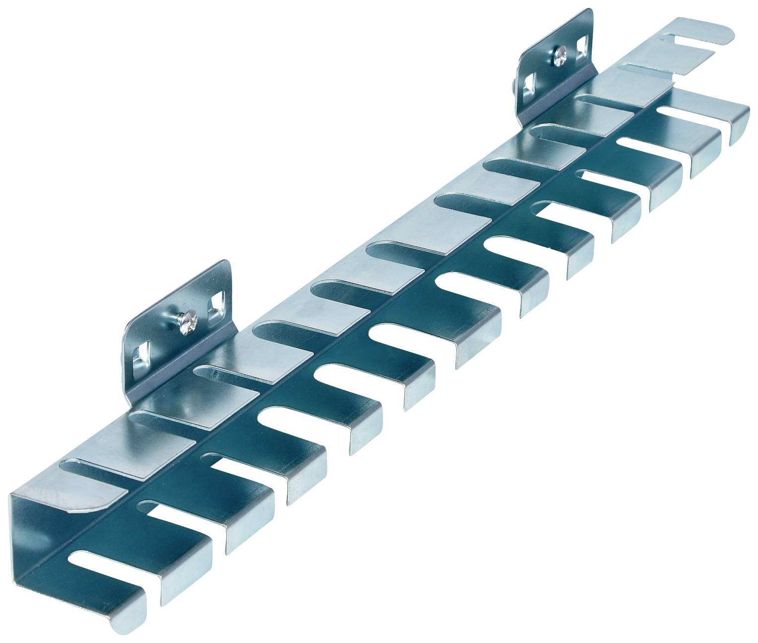 Metallene Kabelhalterung mit mehreren Schlitzen zur Organisation von Kabeln an Wänden oder in Schaltschränken.