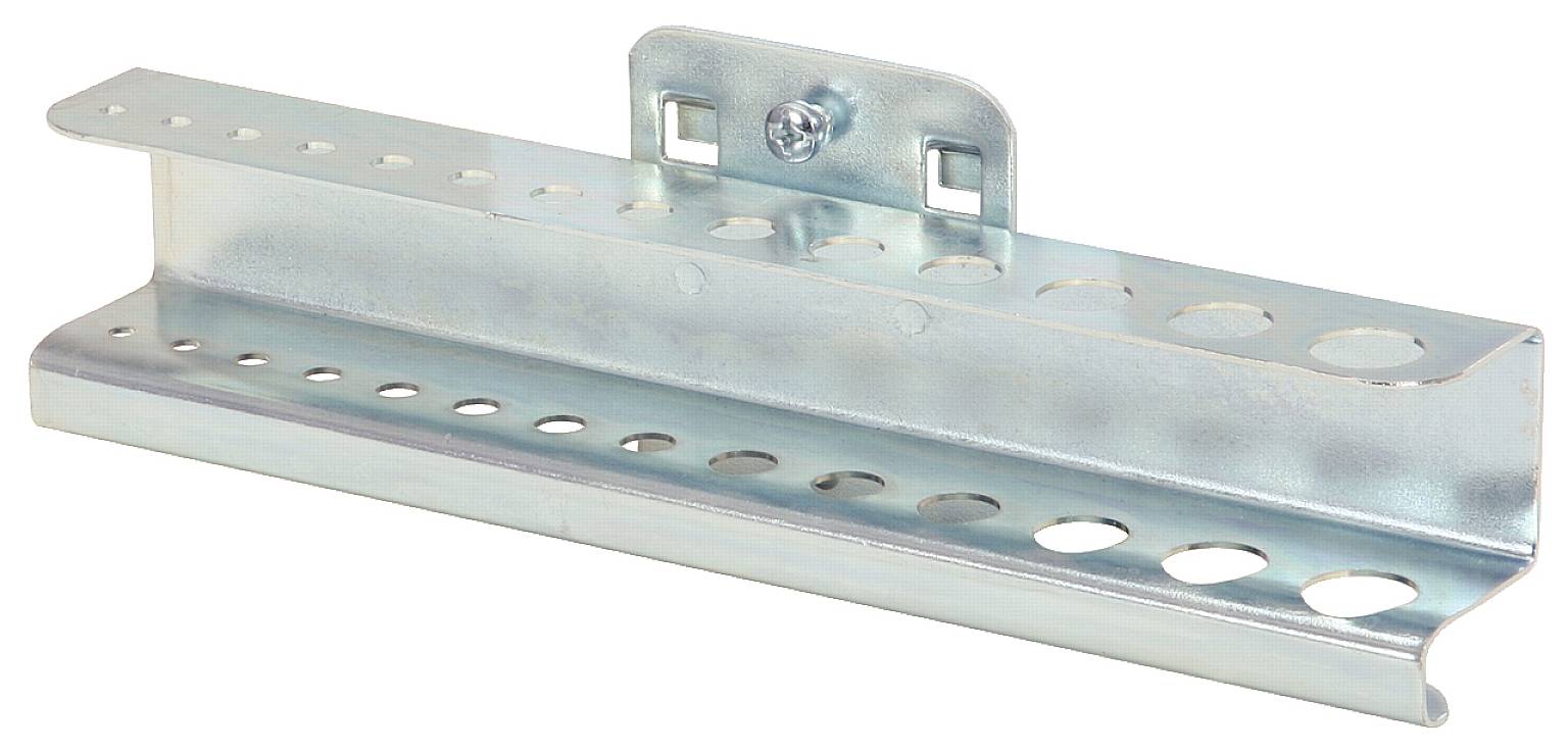 Metallische Halterung mit mehreren runden Löchern und einer zentralen Schraube. Geeignet für Befestigungsanwendungen.