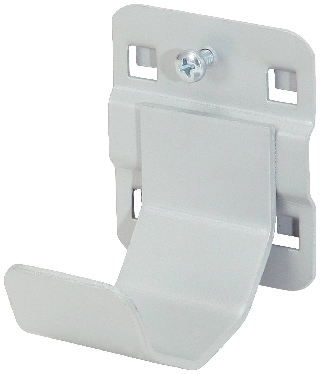 Ein weißer Metallhaken zur Wandmontage, rechteckige Basis mit vier Befestigungslöchern und ein nach vorn gebogenes U-förmiges Ende.