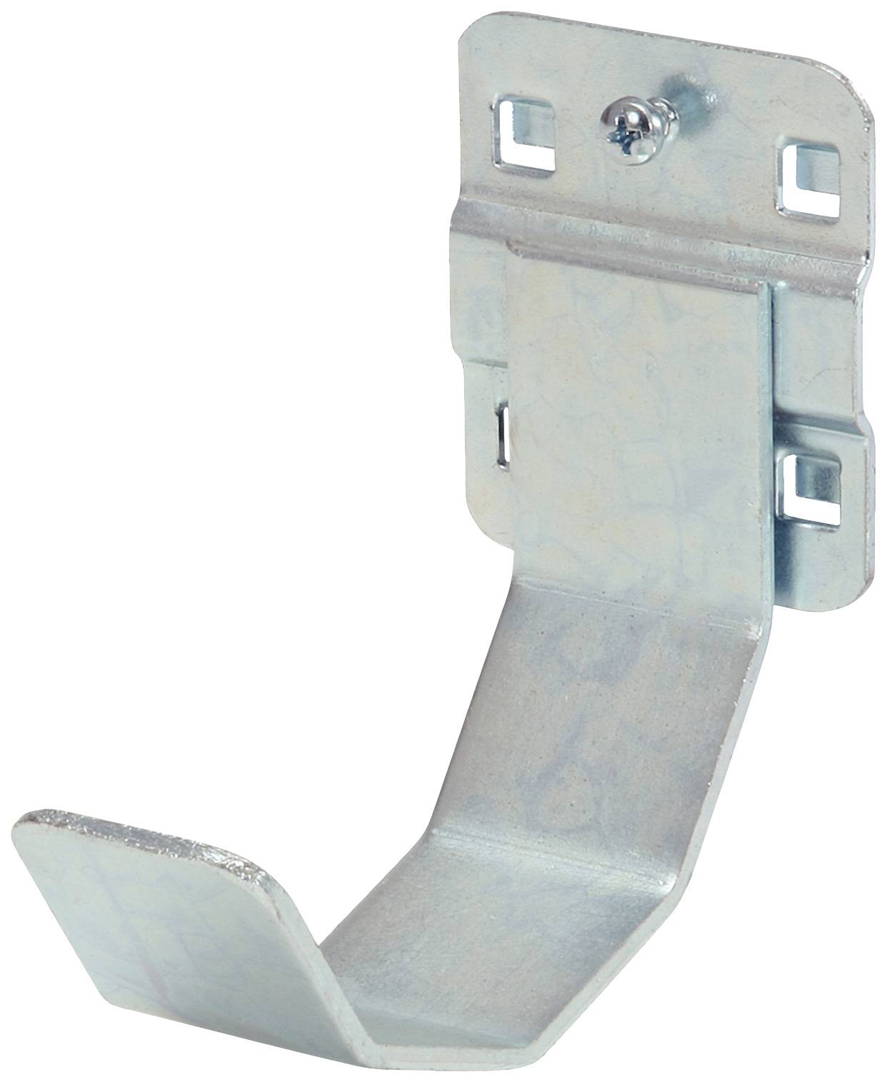 Metallhaken mit Schraubloch zur Wandmontage, geeignet zur Befestigung von Kabeln oder Rohren, hellgrau beschichtet.