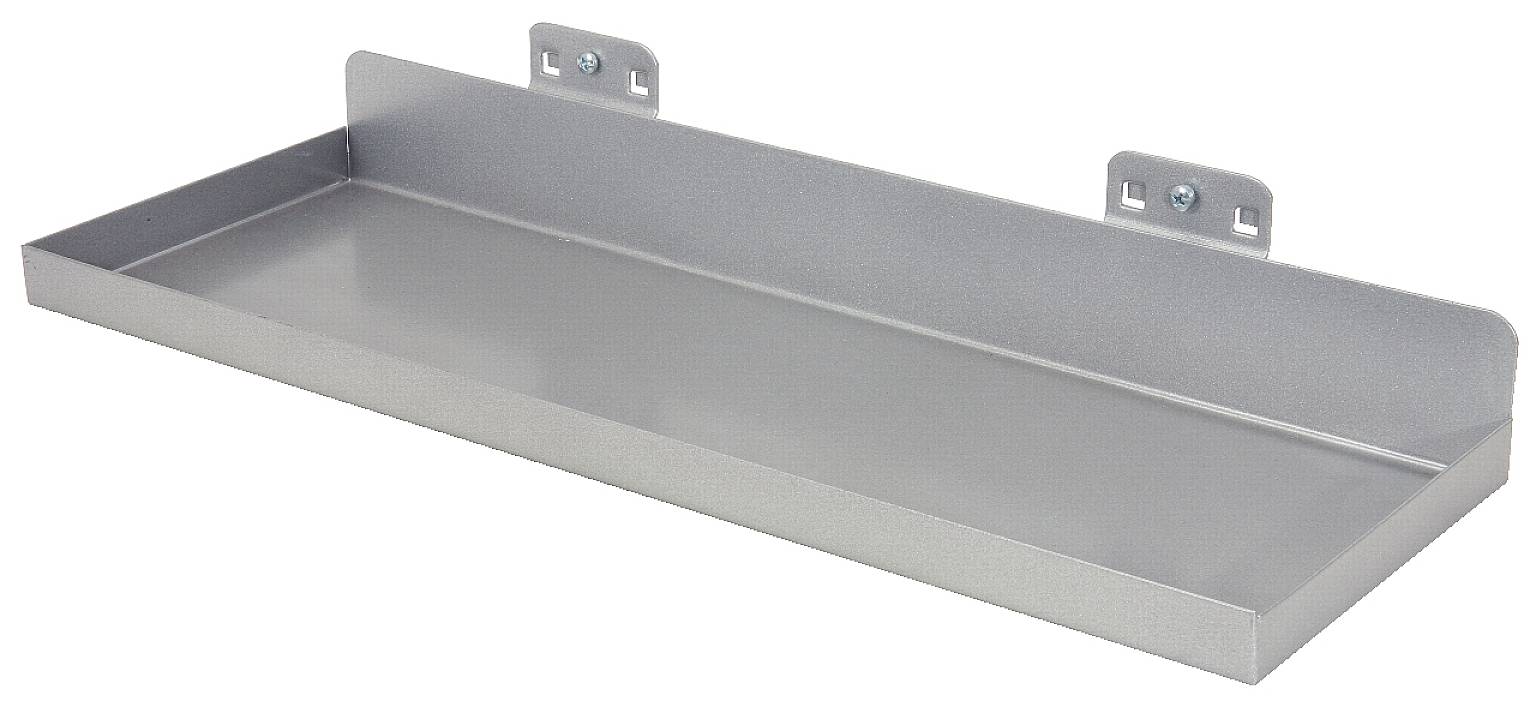 Metallablage zur Wandmontage mit zwei Befestigungslaschen und erhöhtem Rand; bietet Stauraum für kleinere Gegenstände.
