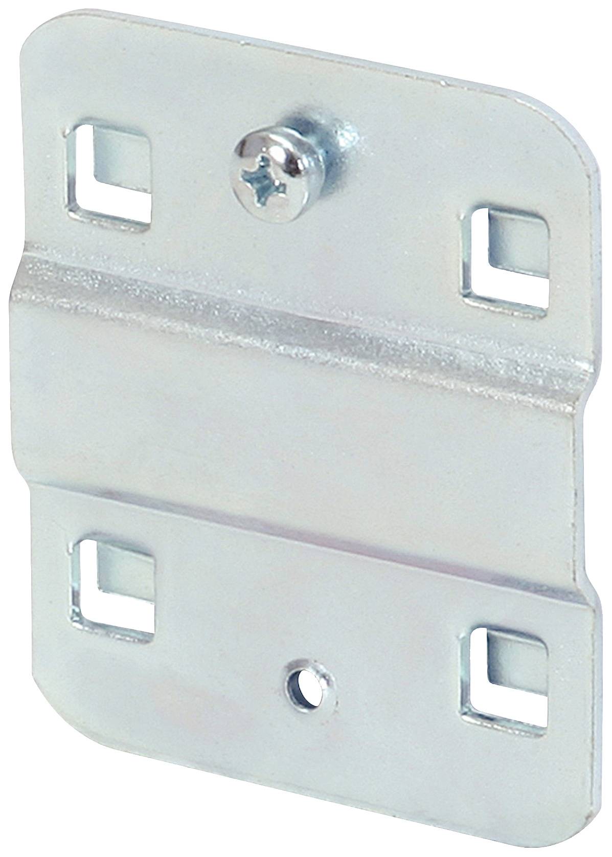 Metallwinkel mit fünf rechteckigen Löchern und einer Schraube in der Mitte. Geeignet für Befestigungs- oder Verbindungszwecke.