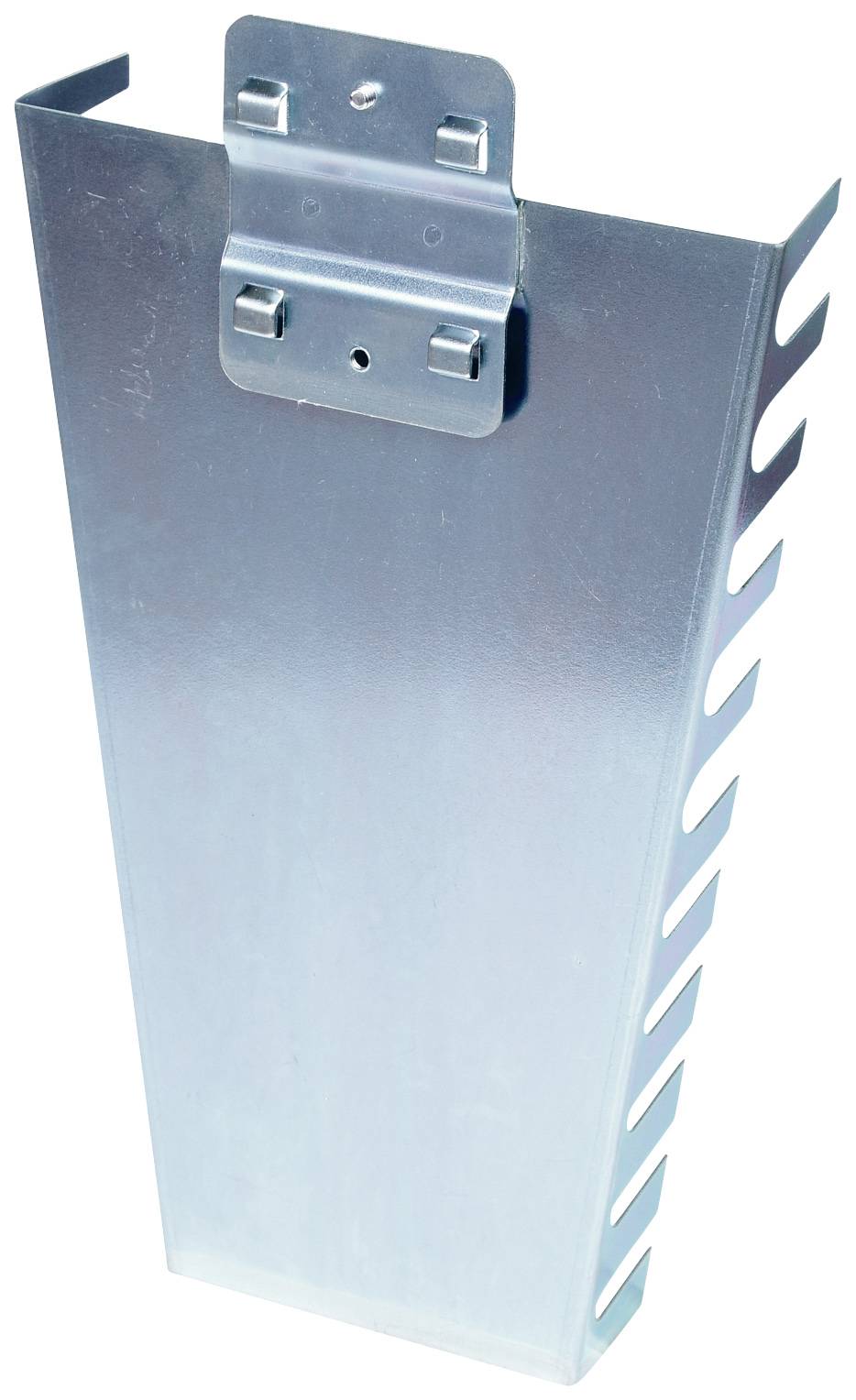 Metallische Kabelhalterung, vertikale Ausrichtung, mit Haken an einer Seite für Kabelmanagement. Befestigungsplatte oben.