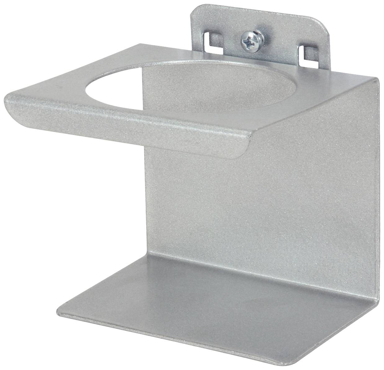 Metallhalterung für einen Behälter, mit einem runden Ausschnitt und einer Wandhalterung an der Rückseite.