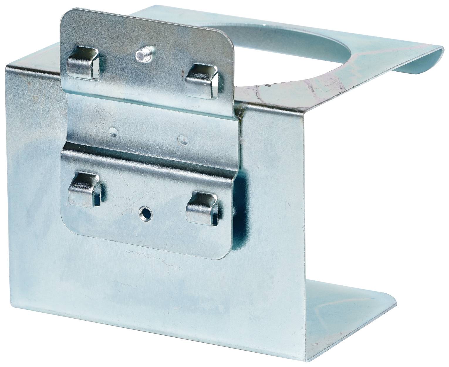 Ein metallener Wandhalter für Feuerlöscher, quadratische Form mit runden Halterungen oben. Geeignet zur stabilen Montage an der Wand.