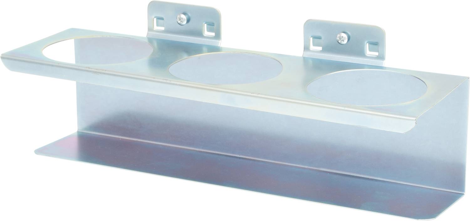 Metallhalterung mit drei runden Aussparungen zur Befestigung an der Wand, geeignet für das Aufbewahren von Flaschen oder Behältern.