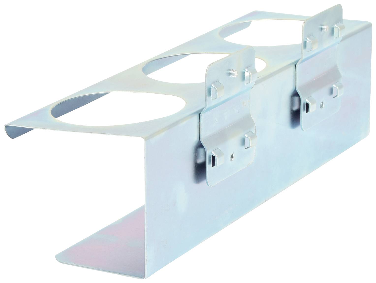 Metallhalterung mit drei runden Aussparungen, geeignet zur Befestigung an einer Oberfläche. Ideal für industrielle Anwendungen.