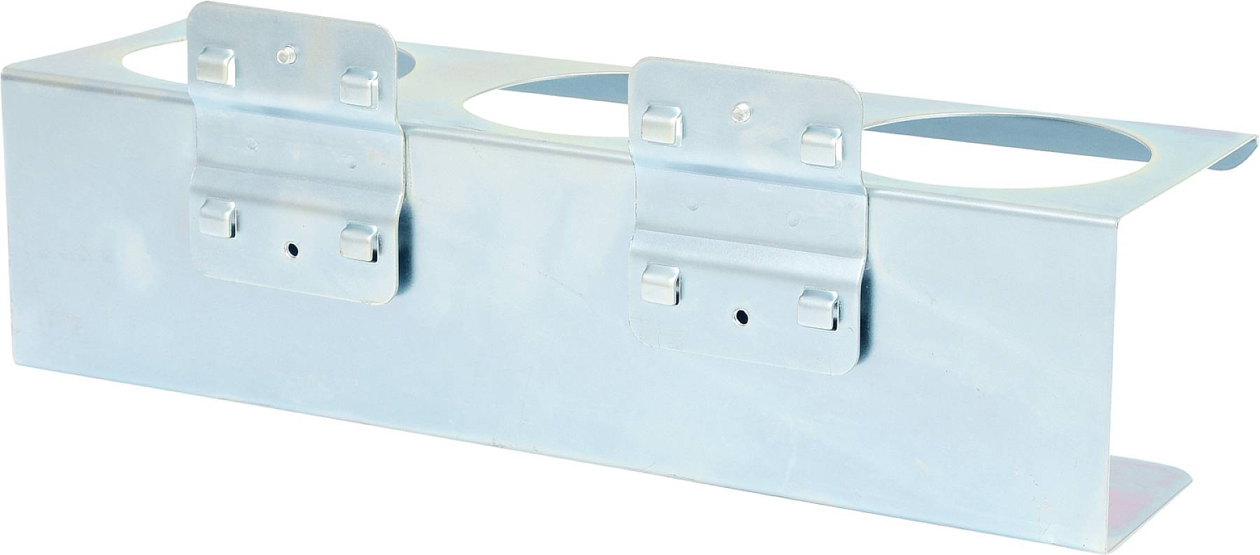 Metallhalterung mit zwei kreisförmigen Öffnungen, geeignet für die Befestigung oder Montage zylindrischer Objekte.