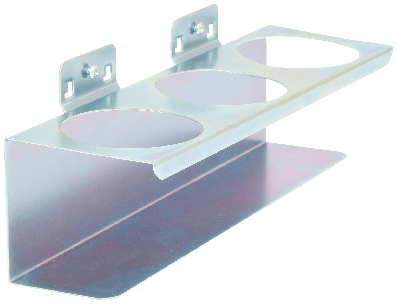 Metallhalterung mit drei runden Aussparungen zur Aufnahme von Flaschen oder zylindrischen Objekten. Wandmontage möglich.