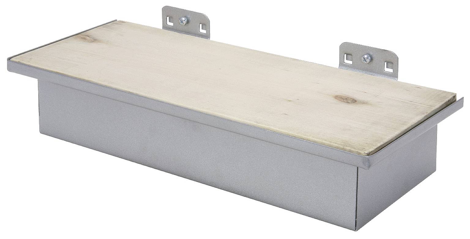 Metallische Ablage mit Holzplatte und zwei Halterungen zur Wandmontage.