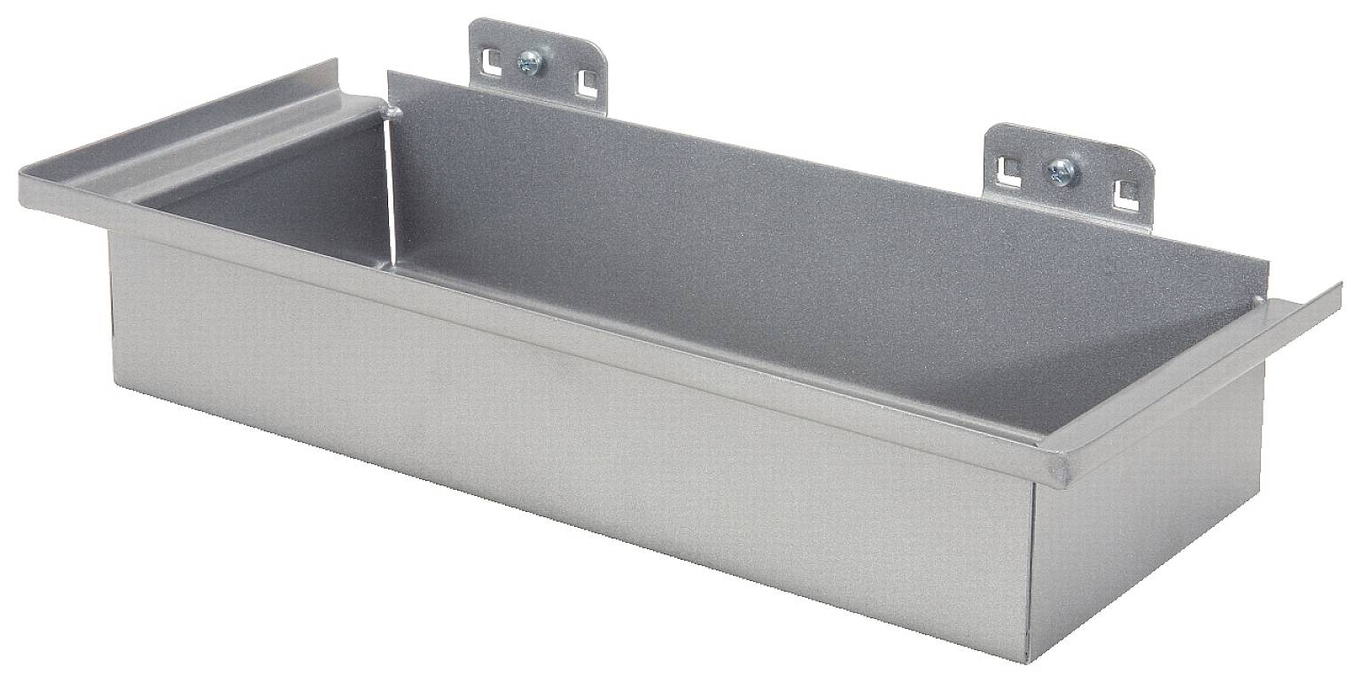 Metallene rechteckige Wanne mit zwei Halterungen zur Befestigung an der Wand. Sie dient zur praktischen Aufbewahrung kleiner Gegenstände.