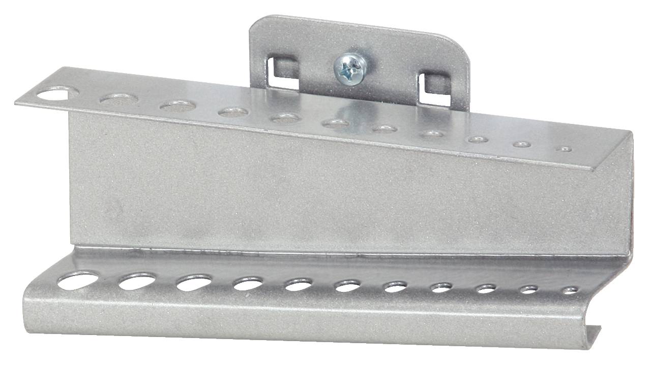 Metallhalterung mit schrägen und runden Löchern, montierbar mit einer Schraube oben und Laschen für Wandbefestigung.