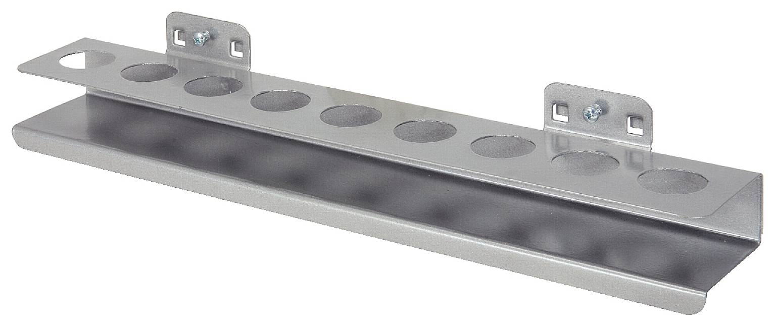 Metallhalterung mit neun runden Löchern, angebracht an einer Wand. Eignet sich zur ordentlichen Aufbewahrung von Werkzeugen oder Kabeln.