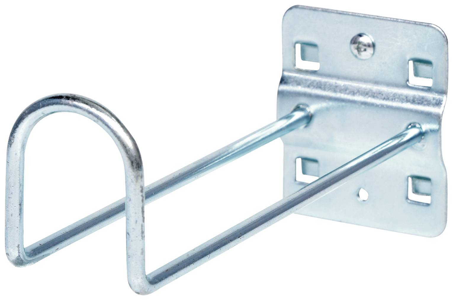Metallischer Wandhalter mit zwei gebogenen Stäben zur Aufbewahrung oder Organisation, geeignet für Gegenstände wie Gartenschläuche.