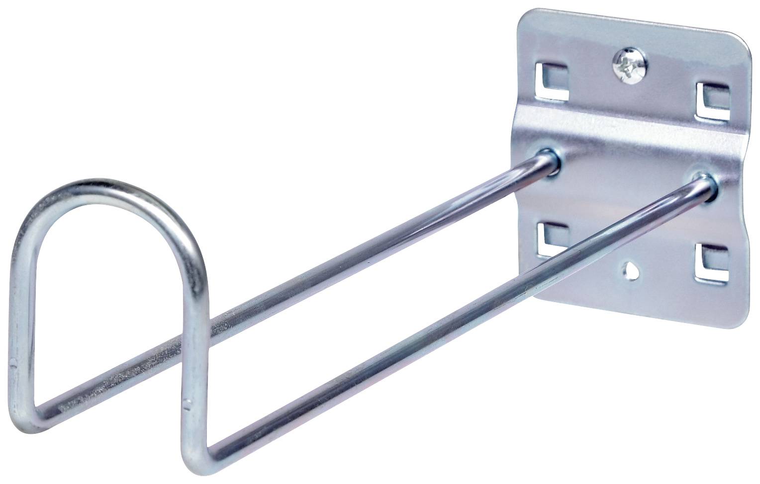 Metallhalterung mit zwei langen Stäben, die an einer rechteckigen Platte befestigt sind, geeignet zur Aufbewahrung oder Organisation.