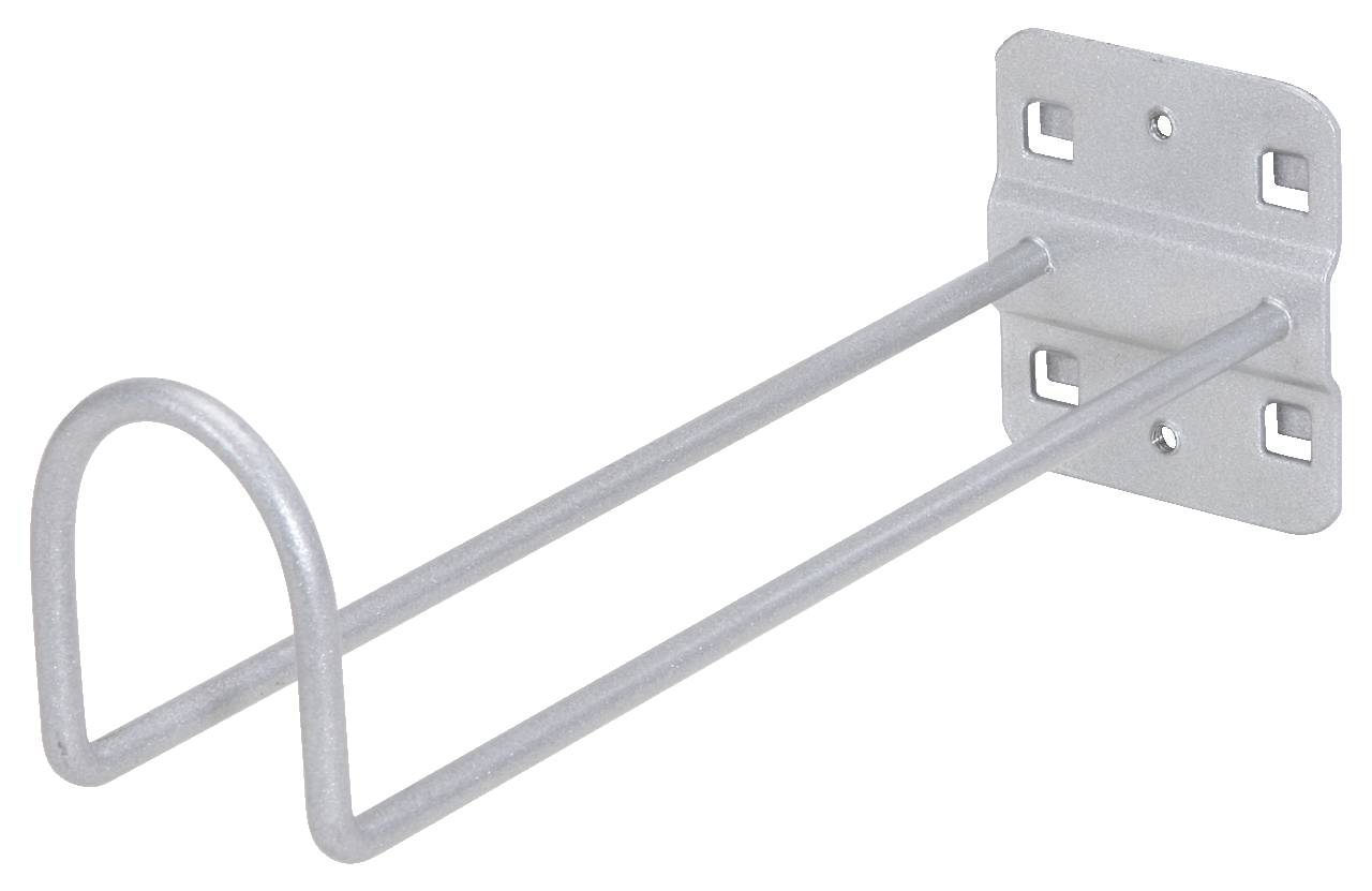 Metallhaken zur Wandmontage, geeignet zum Aufhängen von Gegenständen in einer Garage oder Werkstatt. Duale Stangen für Stabilität.