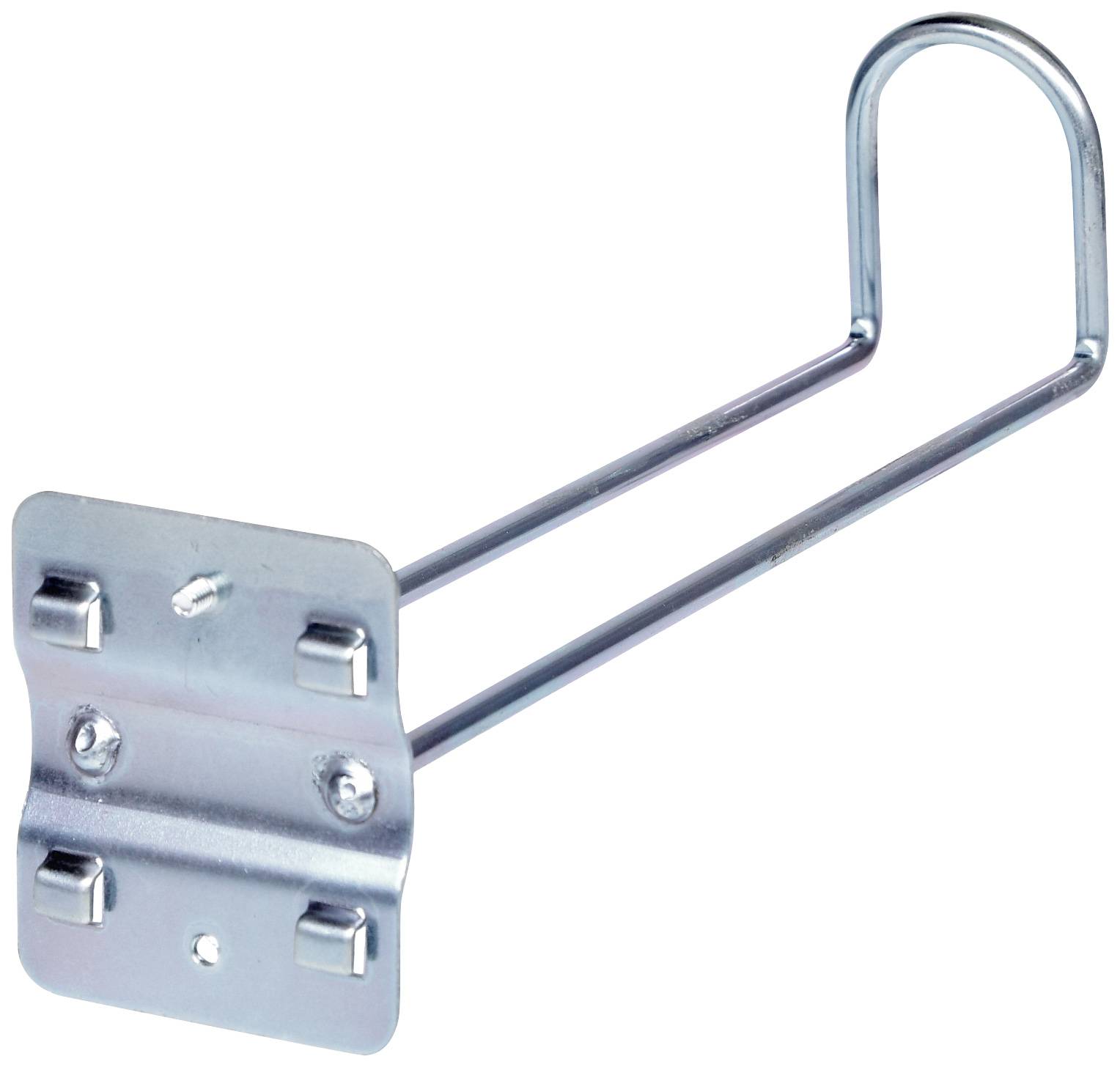 Metallbügelhalterung mit rechteckiger Befestigungsplatte und gebogenem Bügel, geeignet für die Wandmontage.