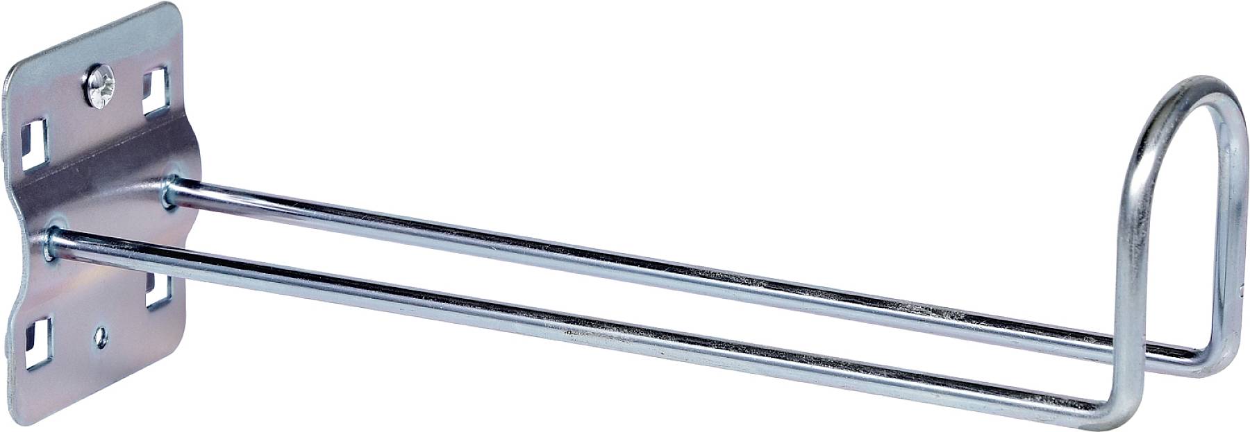 Metallhakenhalterung mit zwei parallelen Stangen, zur Wandmontage geeignet. Geeignet für die Aufbewahrung von Werkzeugen oder Zubehör.