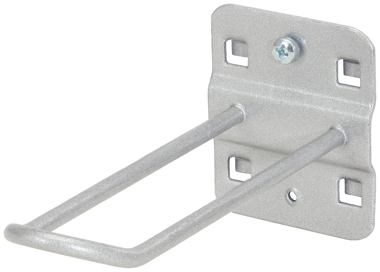 Metallhaken zur Wandmontage, rechteckige Basis mit Schraube an oberer Mitte, zwei Haken nach vorne gerichtet für hängende Lagerung.