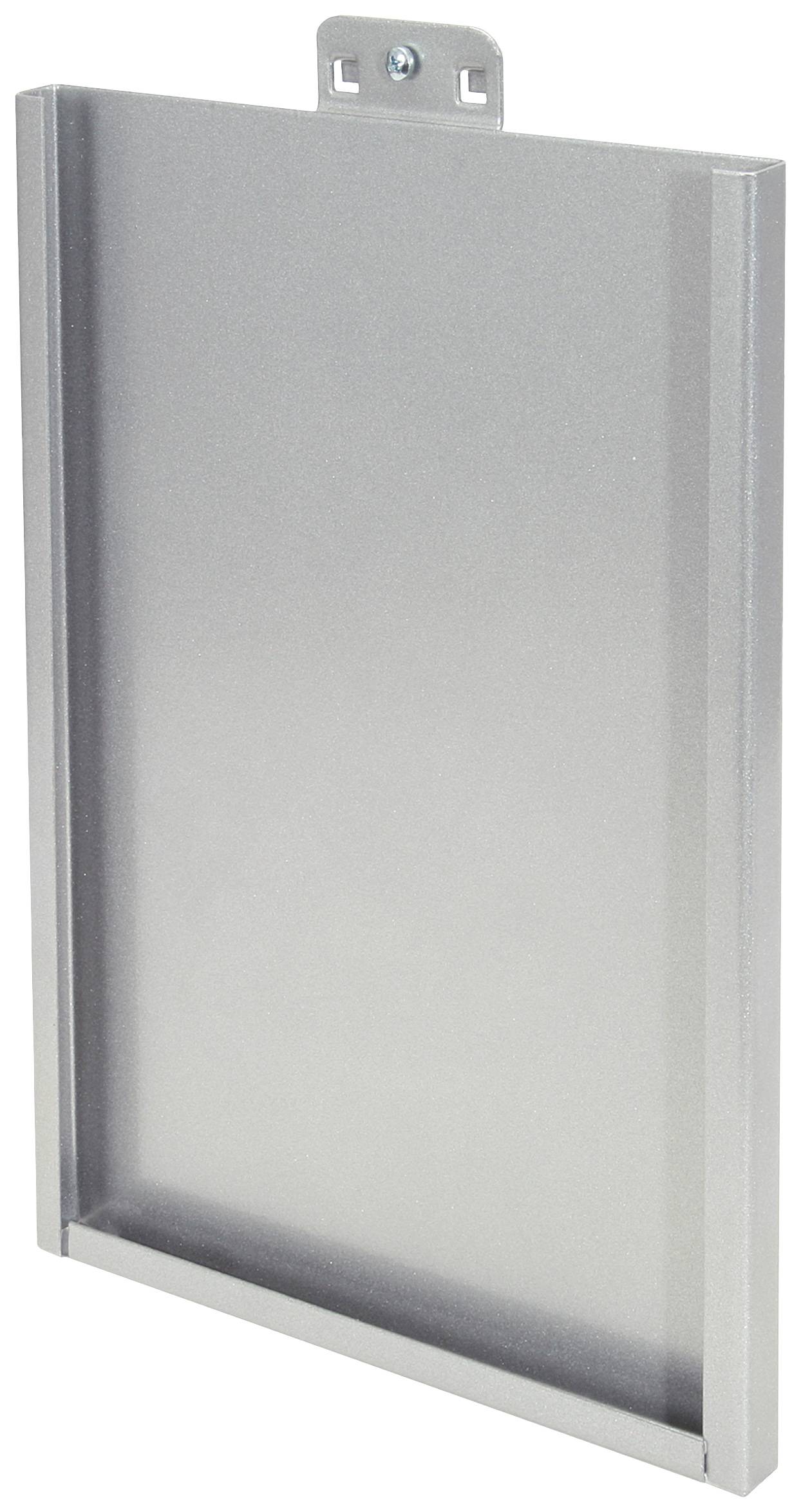 Metallischer Spender mit offener Front zum Einlegen von Broschüren oder Flyern, an einer Wand montierbar.