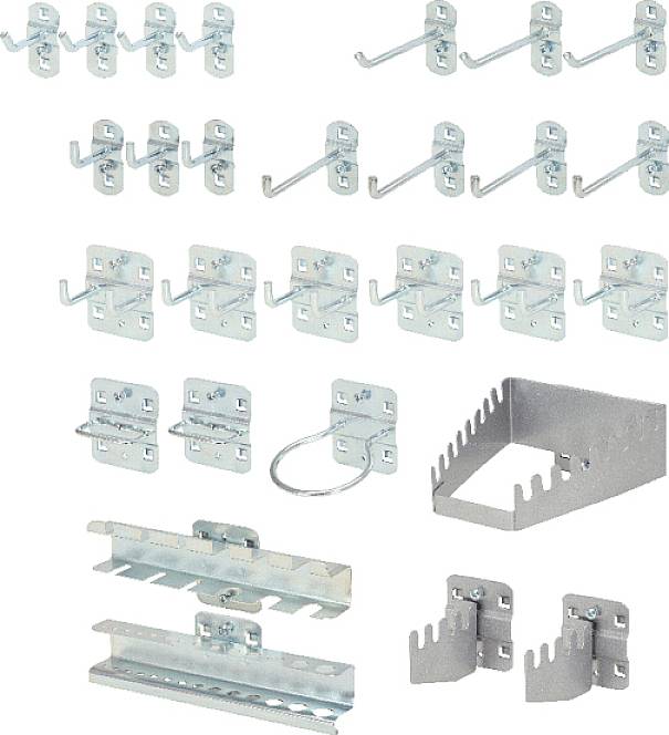Metallhaken und Halterungen in verschiedenen Formen und Größen zur Wandmontage. Ideal zur Werkzeug- und Geräteaufbewahrung.