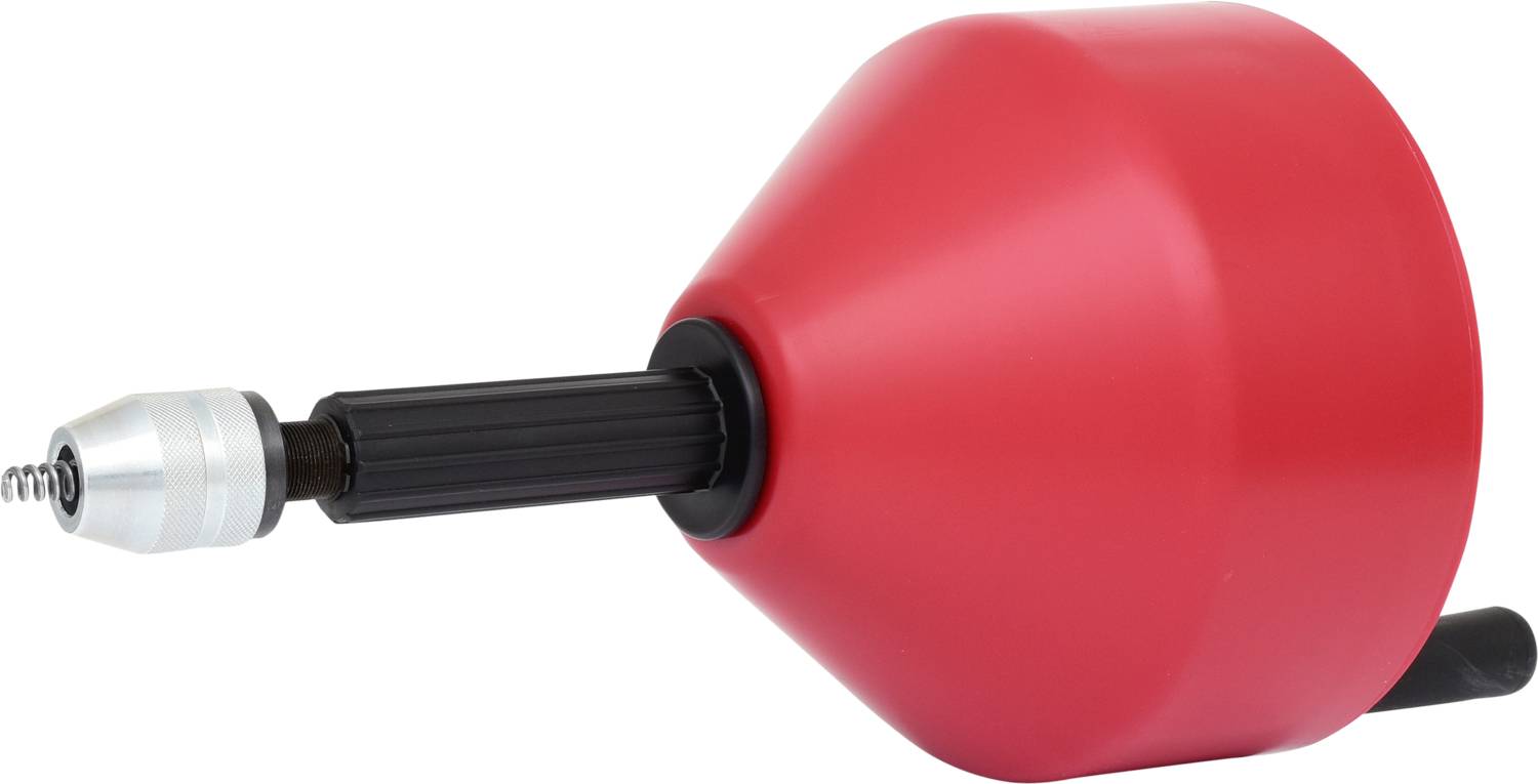 Ein roter Drehteller mit einem schwarzen Griff und einem silbernen Bohreraufsatz, hauptsächlich für Handwerksarbeiten verwendet.