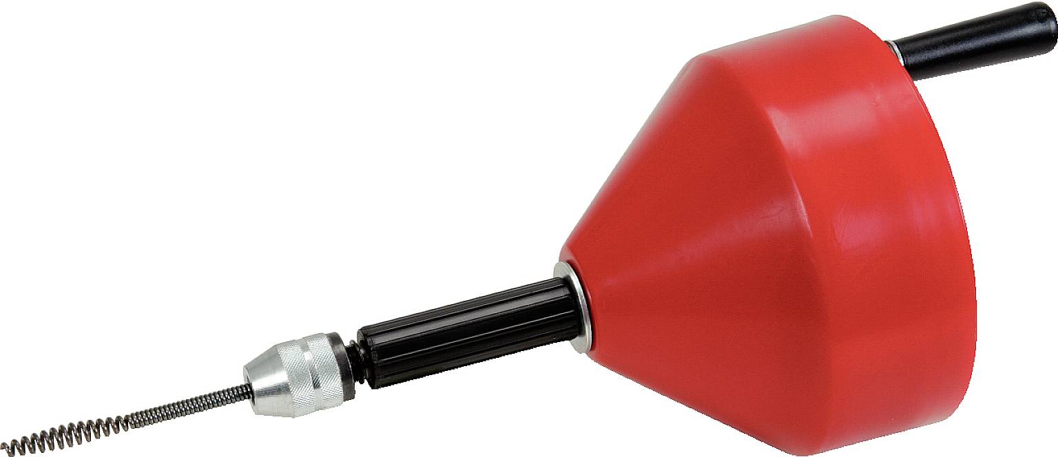 Rotes Handabflussreinigungsgerät mit langem, flexiblem Spiralkabel zur Beseitigung von Verstopfungen in Rohren.