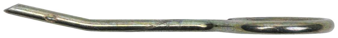 Ein gebogenes Metallteil in Form eines Hakens mit einem ringförmigen Ende, wahrscheinlich ein Bauteil oder Zubehör.